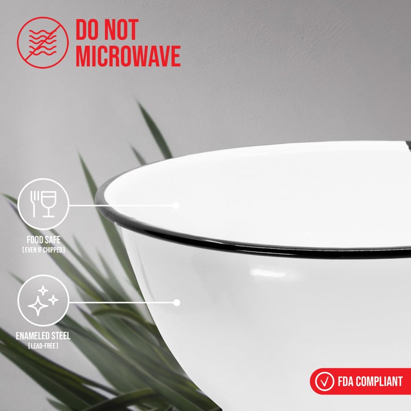 Red Co. Set of 2 Enamelware Metal Large Classic 4 quart Round Salad Serving Bowl, Distressed White/Black Rim - Image 3